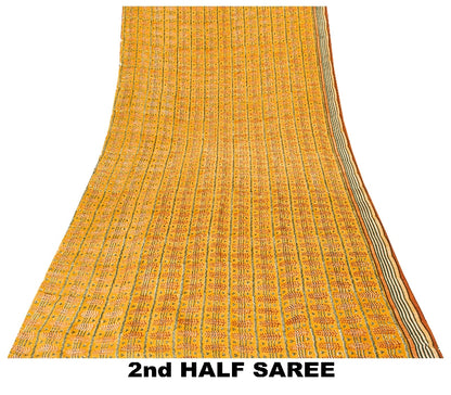 Sanskriti Vintage Sarees Mustard Pure Crepe Silk Printed Sari Craft Sustainable Fabric
