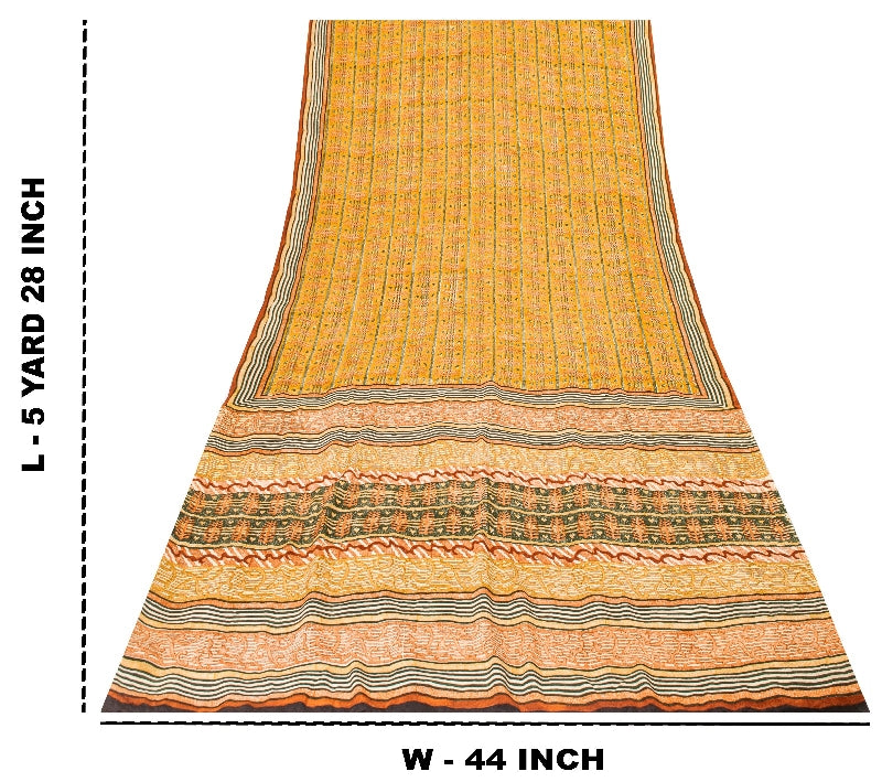Sanskriti Vintage Sarees Mustard Pure Crepe Silk Printed Sari Craft Sustainable Fabric