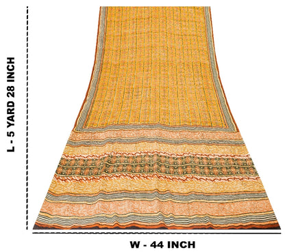 Sanskriti Vintage Sarees Mustard Pure Crepe Silk Printed Sari Craft Sustainable Fabric