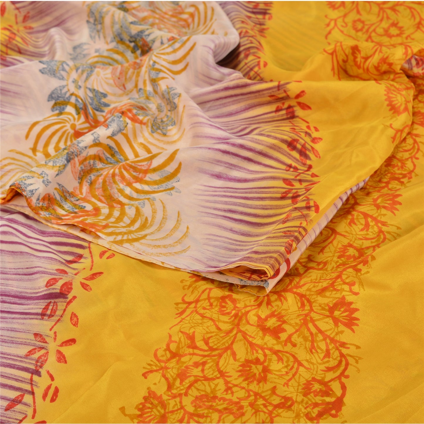 Sanskriti Vintage Saree Yellow Pure Crepe Silk Abstract Print Sari 5.5+Yd Fabric