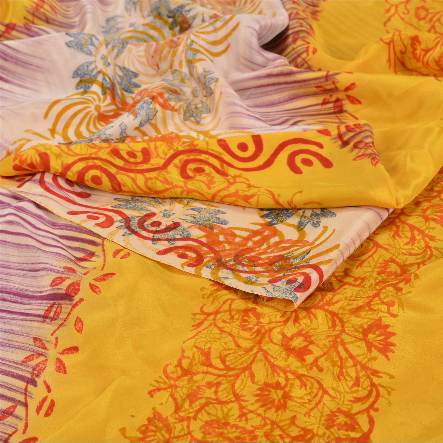 Sanskriti Vintage Saree Yellow Pure Crepe Silk Abstract Print Sari 5.5+Yd Fabric