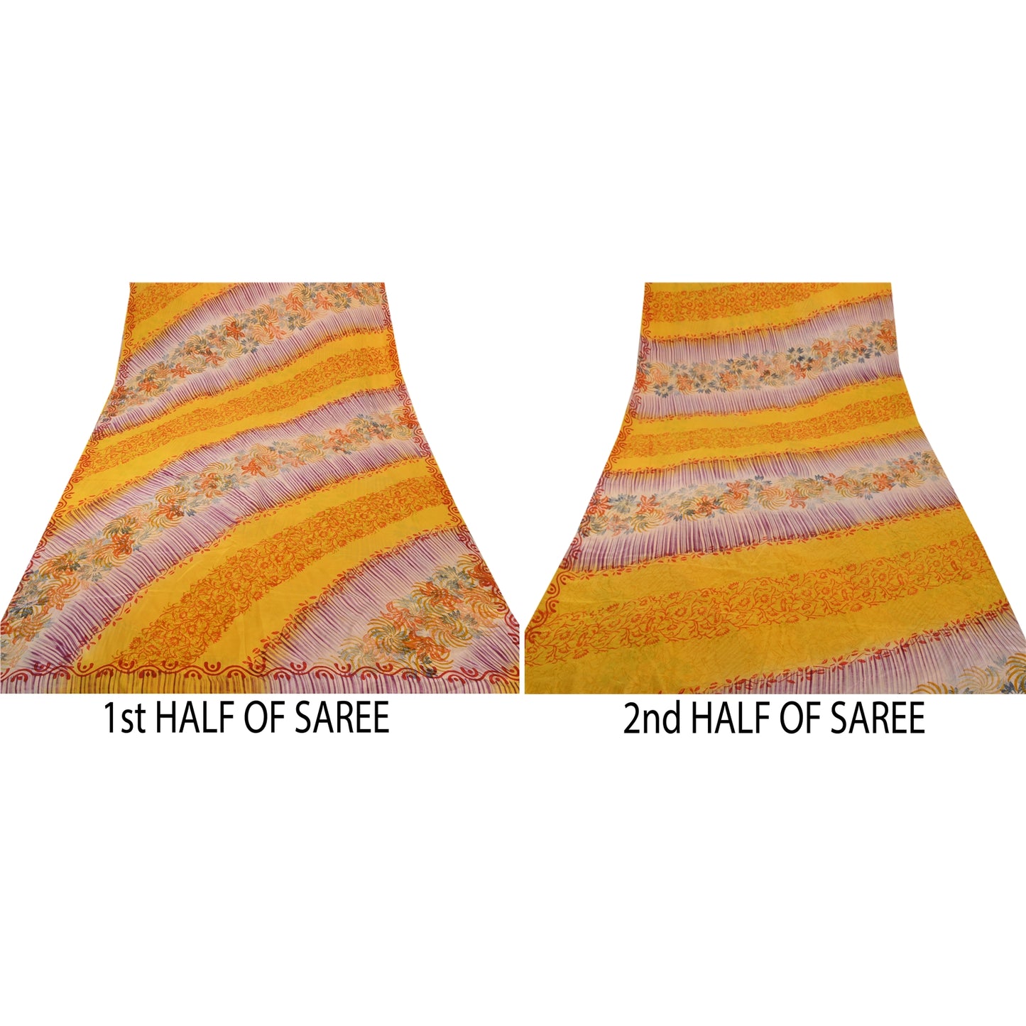 Sanskriti Vintage Saree Yellow Pure Crepe Silk Abstract Print Sari 5.5+Yd Fabric