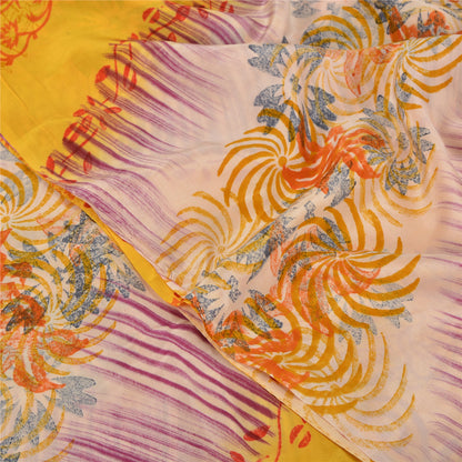 Sanskriti Vintage Saree Yellow Pure Crepe Silk Abstract Print Sari 5.5+Yd Fabric