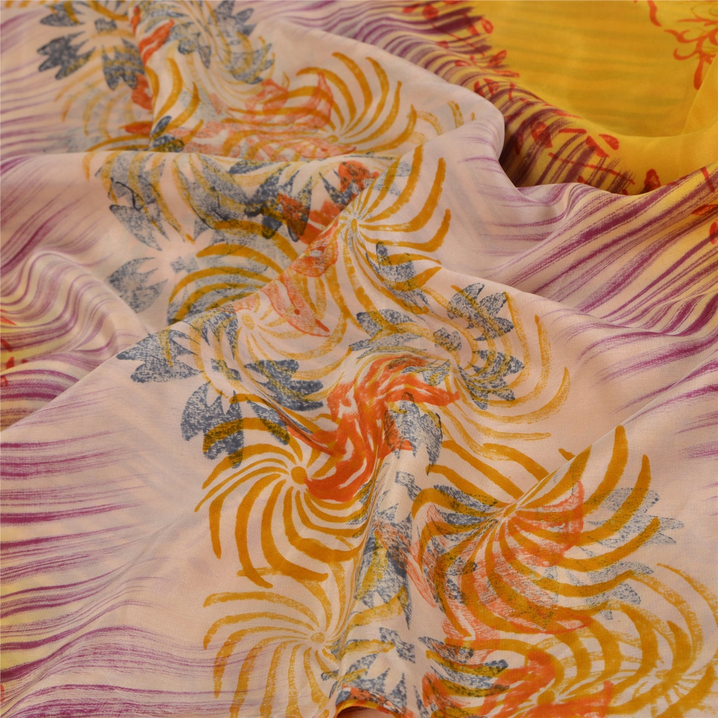 Sanskriti Vintage Saree Yellow Pure Crepe Silk Abstract Print Sari 5.5+Yd Fabric