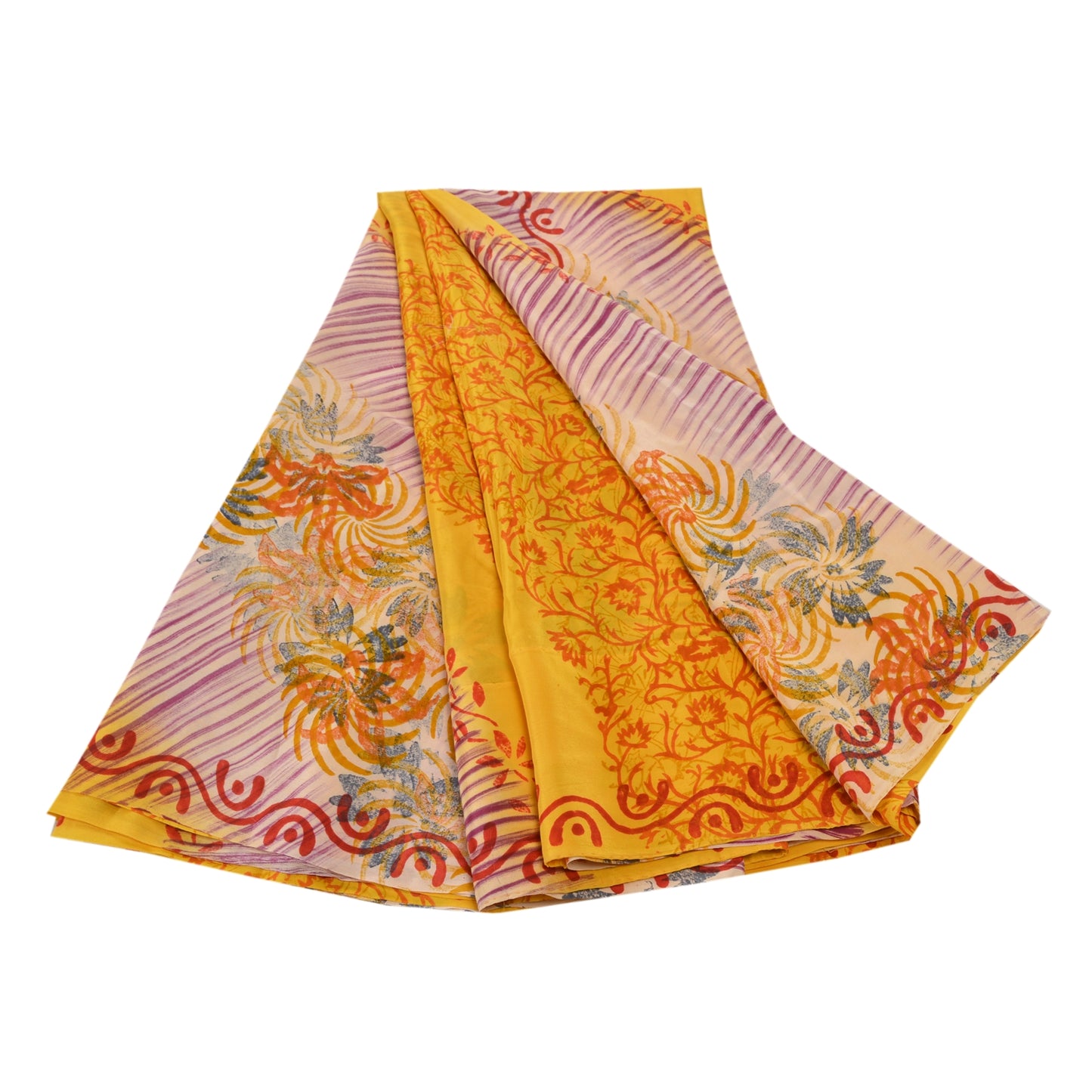 Sanskriti Vintage Saree Yellow Pure Crepe Silk Abstract Print Sari 5.5+Yd Fabric