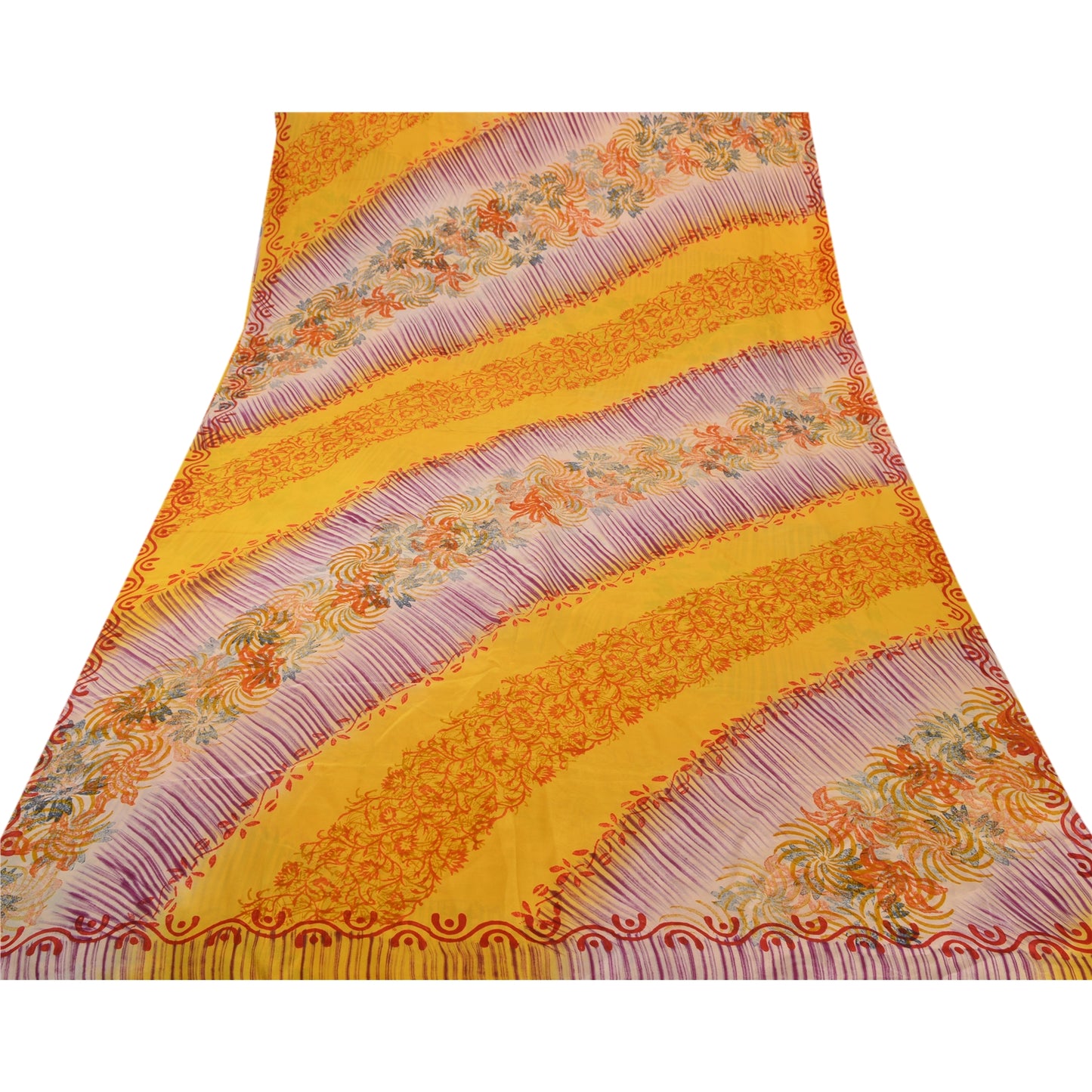 Sanskriti Vintage Saree Yellow Pure Crepe Silk Abstract Print Sari 5.5+Yd Fabric