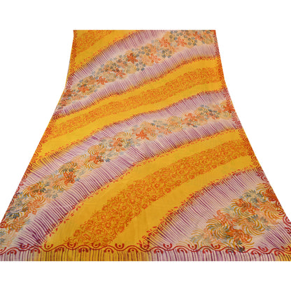 Sanskriti Vintage Saree Yellow Pure Crepe Silk Abstract Print Sari 5.5+Yd Fabric