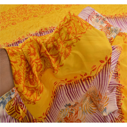 Sanskriti Vintage Saree Yellow Pure Crepe Silk Abstract Print Sari 5.5+Yd Fabric
