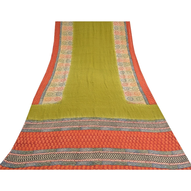 Sanskriti Vintage Green Sarees 100% Pure Crepe Silk Printed Sari Craft Sustainable Fabric
