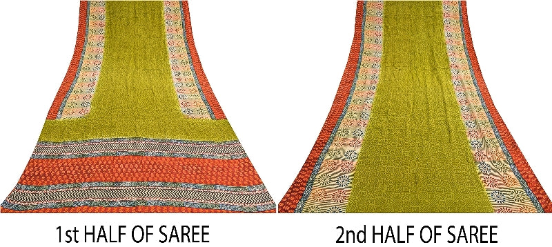 Sanskriti Vintage Green Sarees 100% Pure Crepe Silk Printed Sari Craft Sustainable Fabric