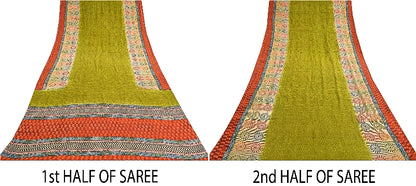 Sanskriti Vintage Green Sarees 100% Pure Crepe Silk Printed Sari Craft Sustainable Fabric