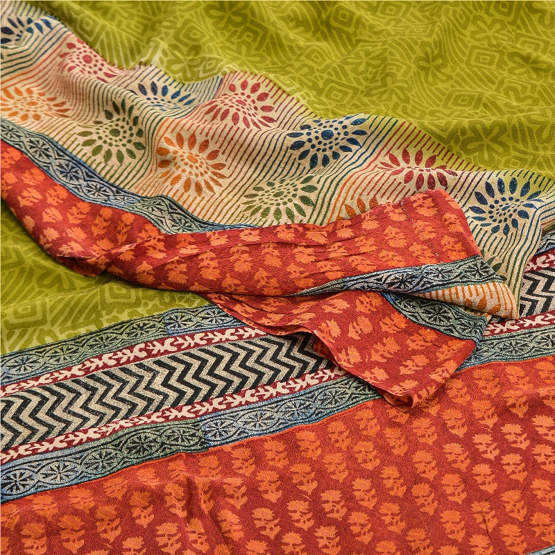 Sanskriti Vintage Green Sarees 100% Pure Crepe Silk Printed Sari Craft Sustainable Fabric