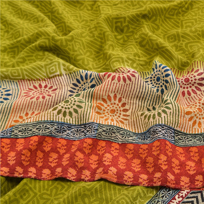 Sanskriti Vintage Green Sarees 100% Pure Crepe Silk Printed Sari Craft Sustainable Fabric