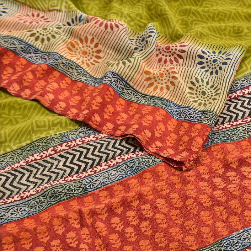 Sanskriti Vintage Green Sarees 100% Pure Crepe Silk Printed Sari Craft Sustainable Fabric