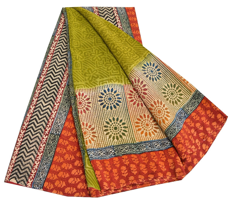 Sanskriti Vintage Green Sarees 100% Pure Crepe Silk Printed Sari Craft Sustainable Fabric