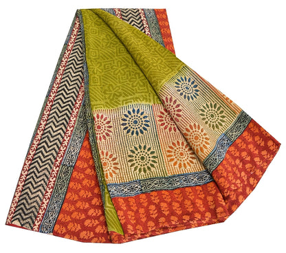 Sanskriti Vintage Green Sarees 100% Pure Crepe Silk Printed Sari Craft Sustainable Fabric