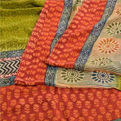 Sanskriti Vintage Green Sarees 100% Pure Crepe Silk Printed Sari Craft Sustainable Fabric