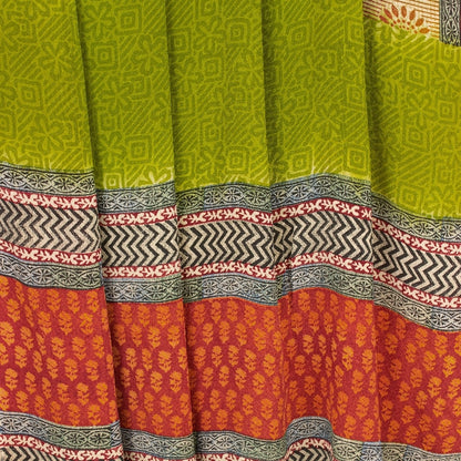 Sanskriti Vintage Green Sarees 100% Pure Crepe Silk Printed Sari Craft Sustainable Fabric