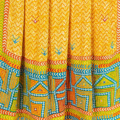 Sanskriti Vintage Yellow Sarees 100% Pure Crepe Silk Printed Sari Craft Sustainable Fabric