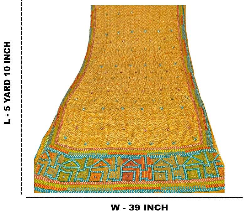 Sanskriti Vintage Yellow Sarees 100% Pure Crepe Silk Printed Sari Craft Sustainable Fabric