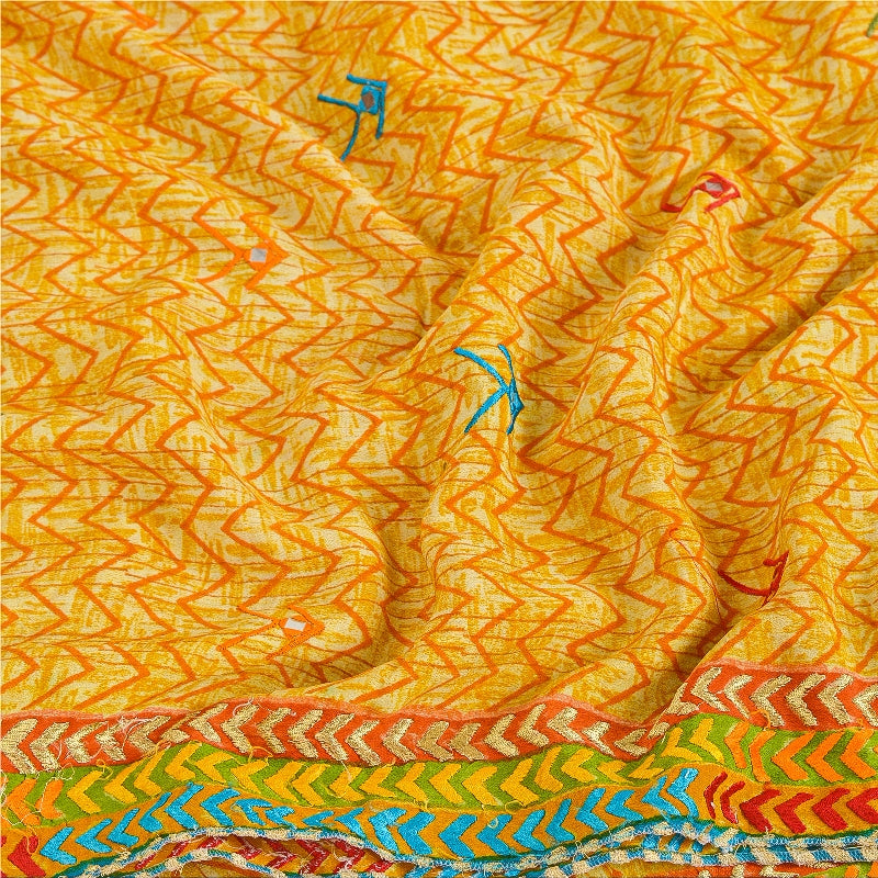 Sanskriti Vintage Yellow Sarees 100% Pure Crepe Silk Printed Sari Craft Sustainable Fabric