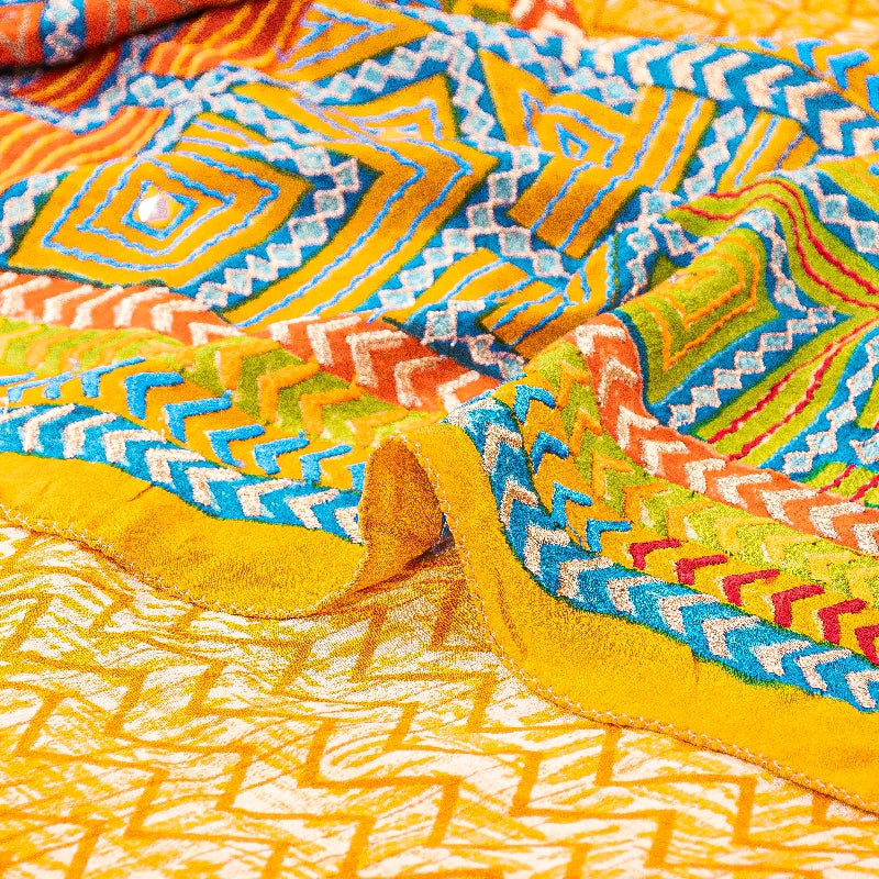 Sanskriti Vintage Yellow Sarees 100% Pure Crepe Silk Printed Sari Craft Sustainable Fabric