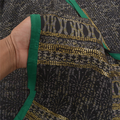 Sanskriti Vintage Saree Black Pure Crepe Silk Floral Print Sari 5YD Craft Fabric