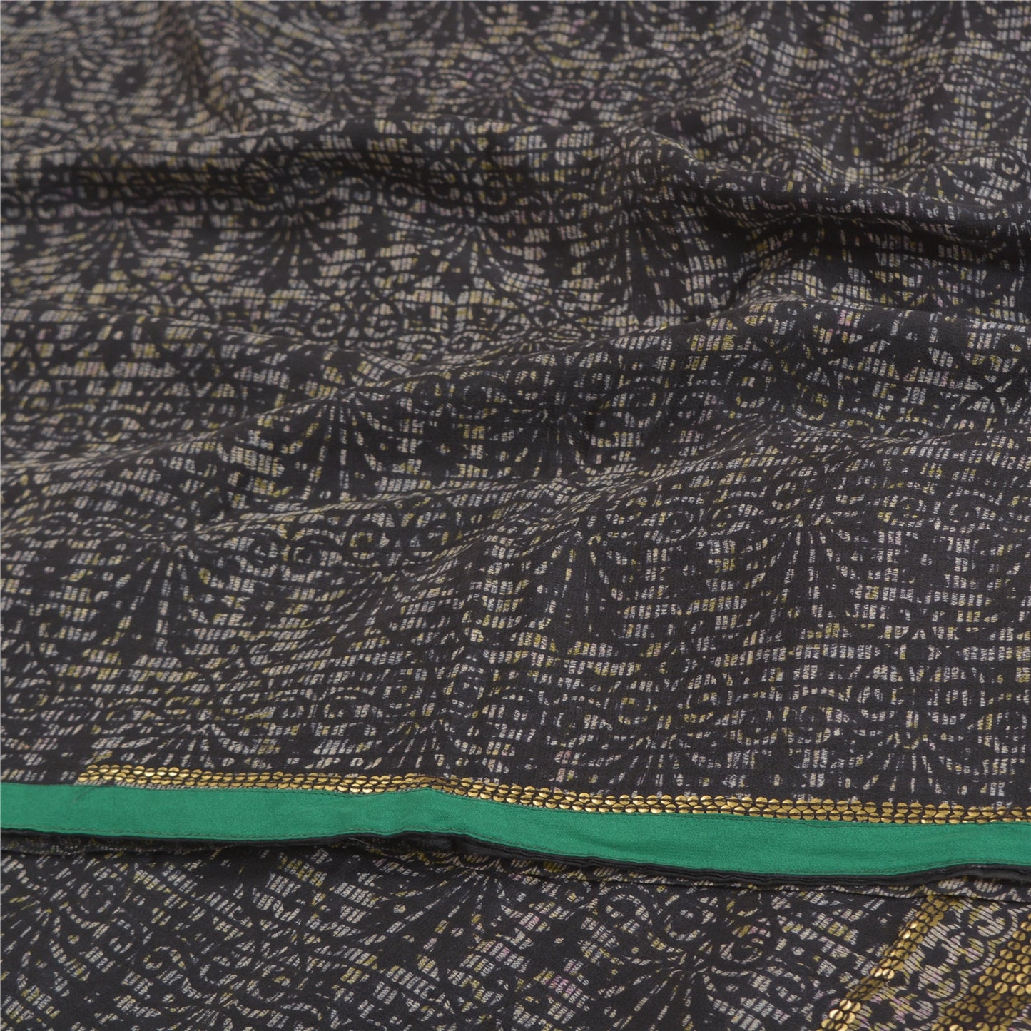 Sanskriti Vintage Saree Black Pure Crepe Silk Floral Print Sari 5YD Craft Fabric