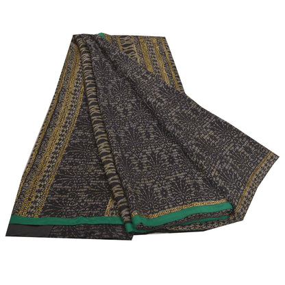 Sanskriti Vintage Saree Black Pure Crepe Silk Floral Print Sari 5YD Craft Fabric