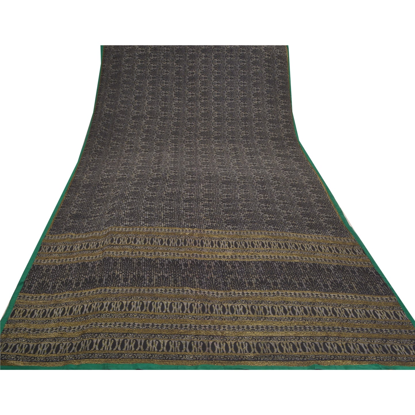 Sanskriti Vintage Saree Black Pure Crepe Silk Floral Print Sari 5YD Craft Fabric