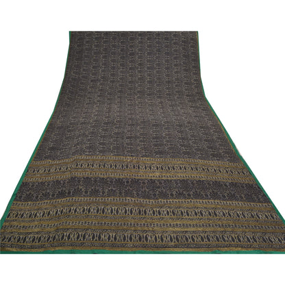 Sanskriti Vintage Saree Black Pure Crepe Silk Floral Print Sari 5YD Craft Fabric