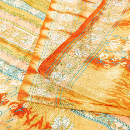 Sanskriti Vintage Yellow Sarees 100% Pure Crepe Silk Printed Sari Craft Sustainable Fabric
