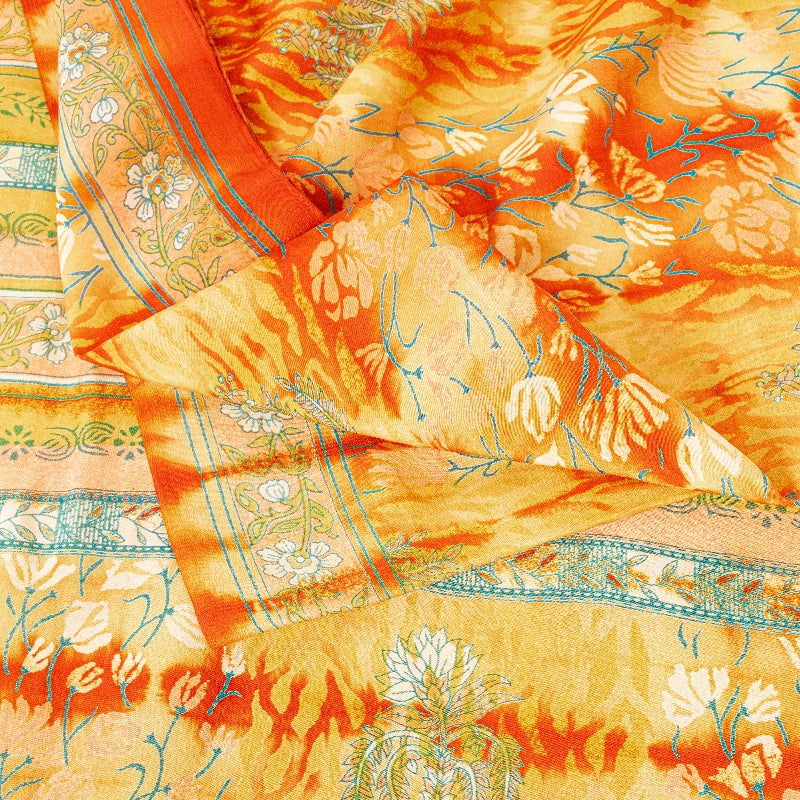 Sanskriti Vintage Yellow Sarees 100% Pure Crepe Silk Printed Sari Craft Sustainable Fabric