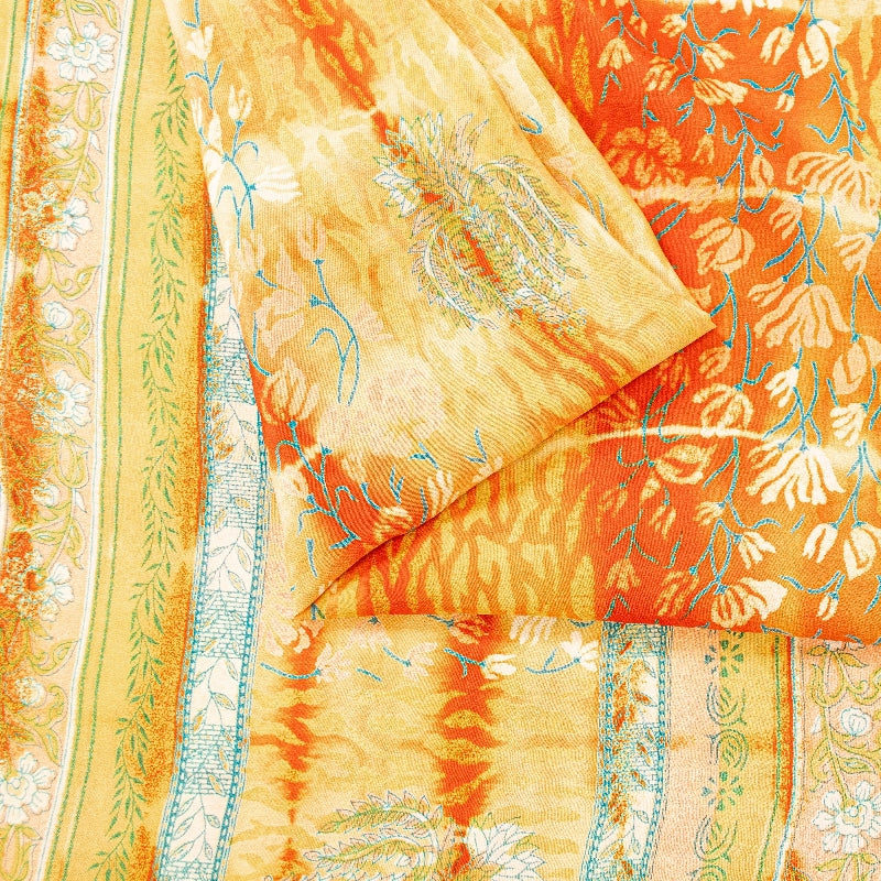 Sanskriti Vintage Yellow Sarees 100% Pure Crepe Silk Printed Sari Craft Sustainable Fabric