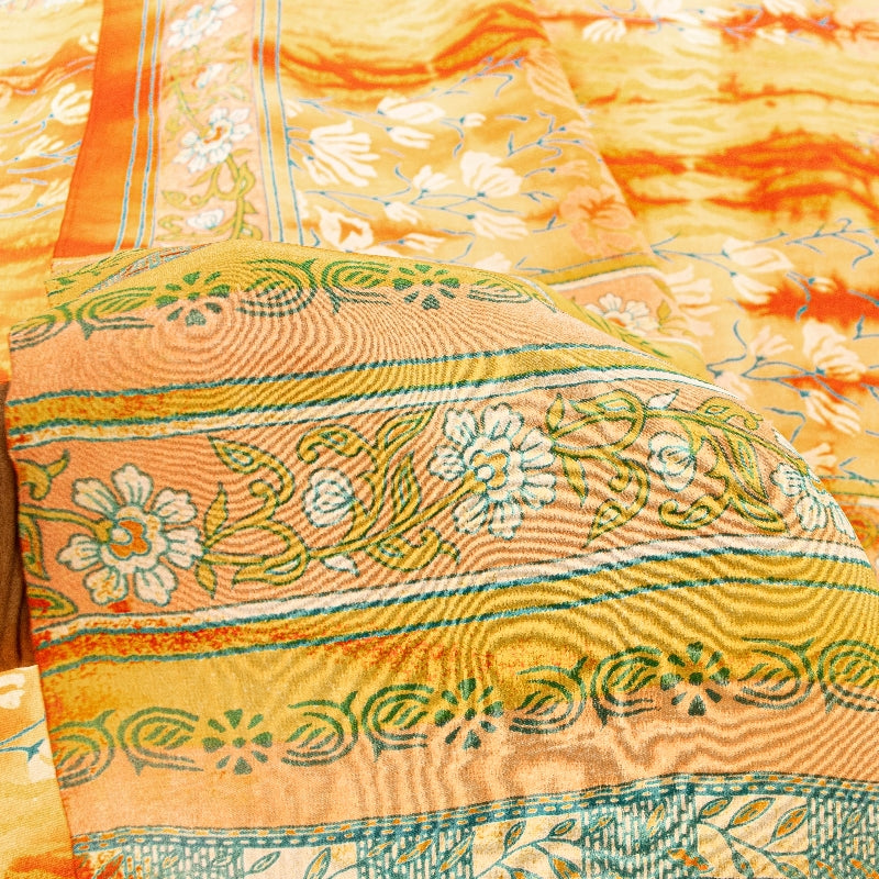 Sanskriti Vintage Yellow Sarees 100% Pure Crepe Silk Printed Sari Craft Sustainable Fabric