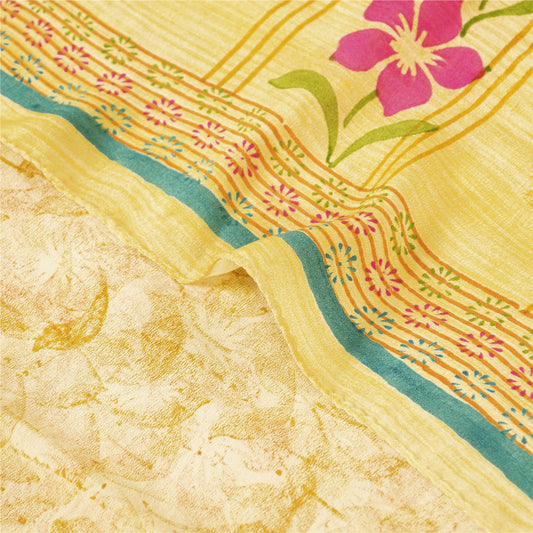 Sanskriti Vintage Saffron Sarees 100%  Pure Crepe Silk Printed Fabric Craft Sari