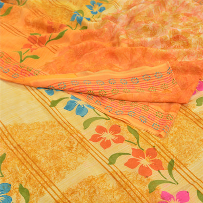 Sanskriti Vintage Saffron Sarees 100%  Pure Crepe Silk Printed Fabric Craft Sari