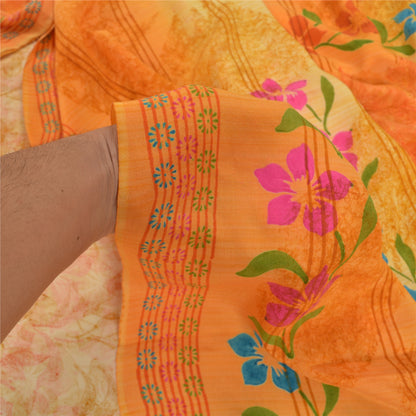 Sanskriti Vintage Saffron Sarees 100%  Pure Crepe Silk Printed Fabric Craft Sari