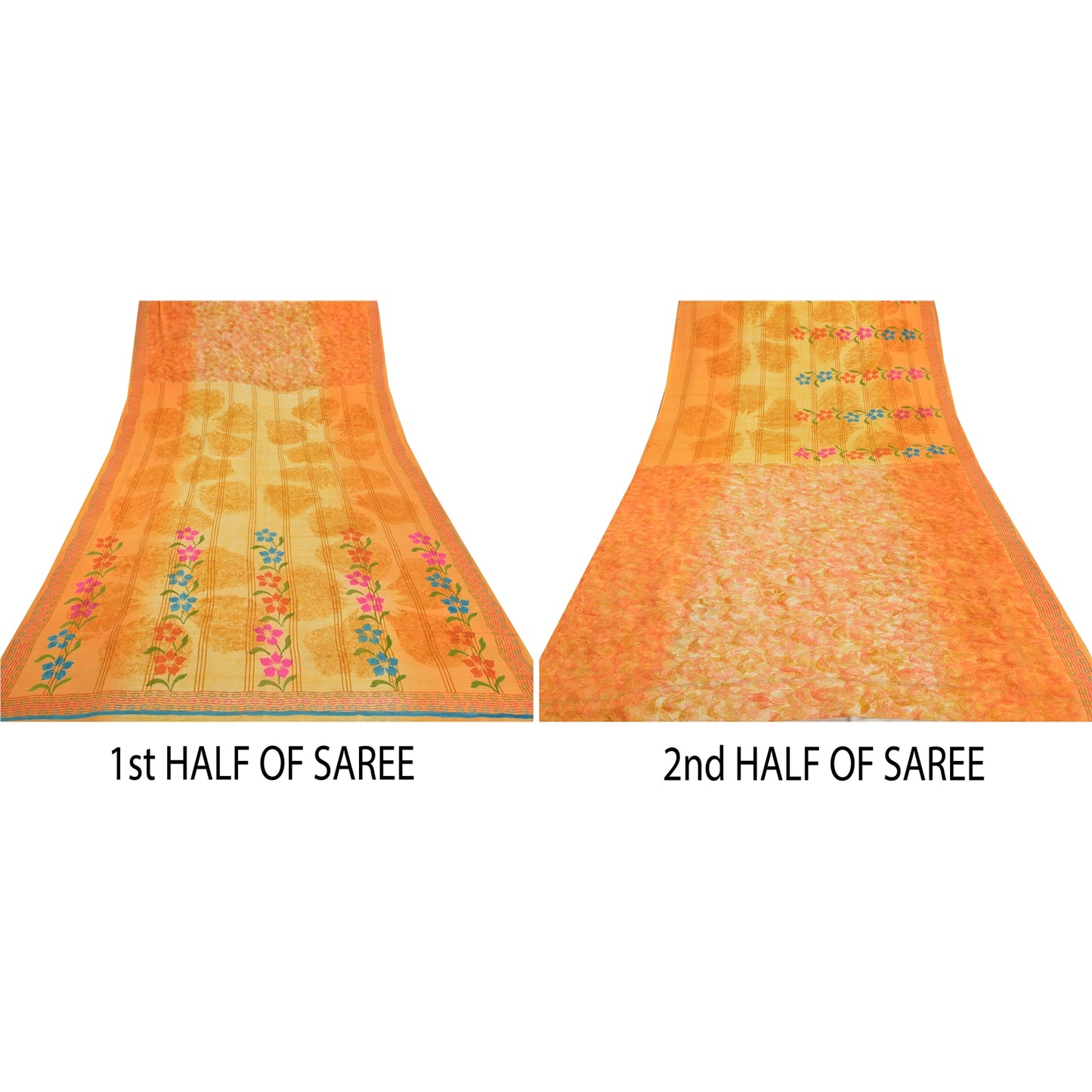 Sanskriti Vintage Saffron Sarees 100%  Pure Crepe Silk Printed Fabric Craft Sari