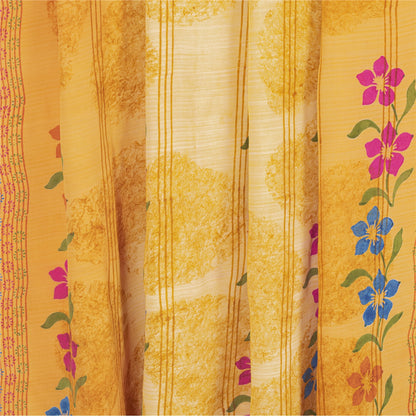 Sanskriti Vintage Saffron Sarees 100%  Pure Crepe Silk Printed Fabric Craft Sari