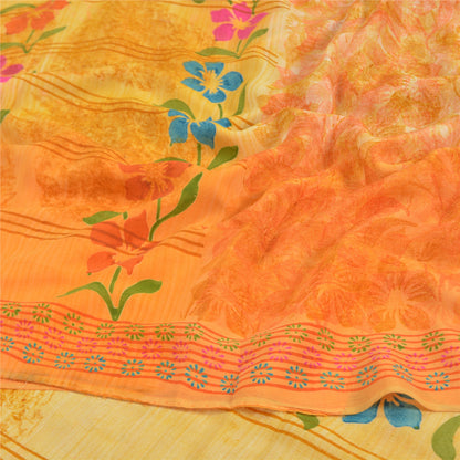 Sanskriti Vintage Saffron Sarees 100%  Pure Crepe Silk Printed Fabric Craft Sari