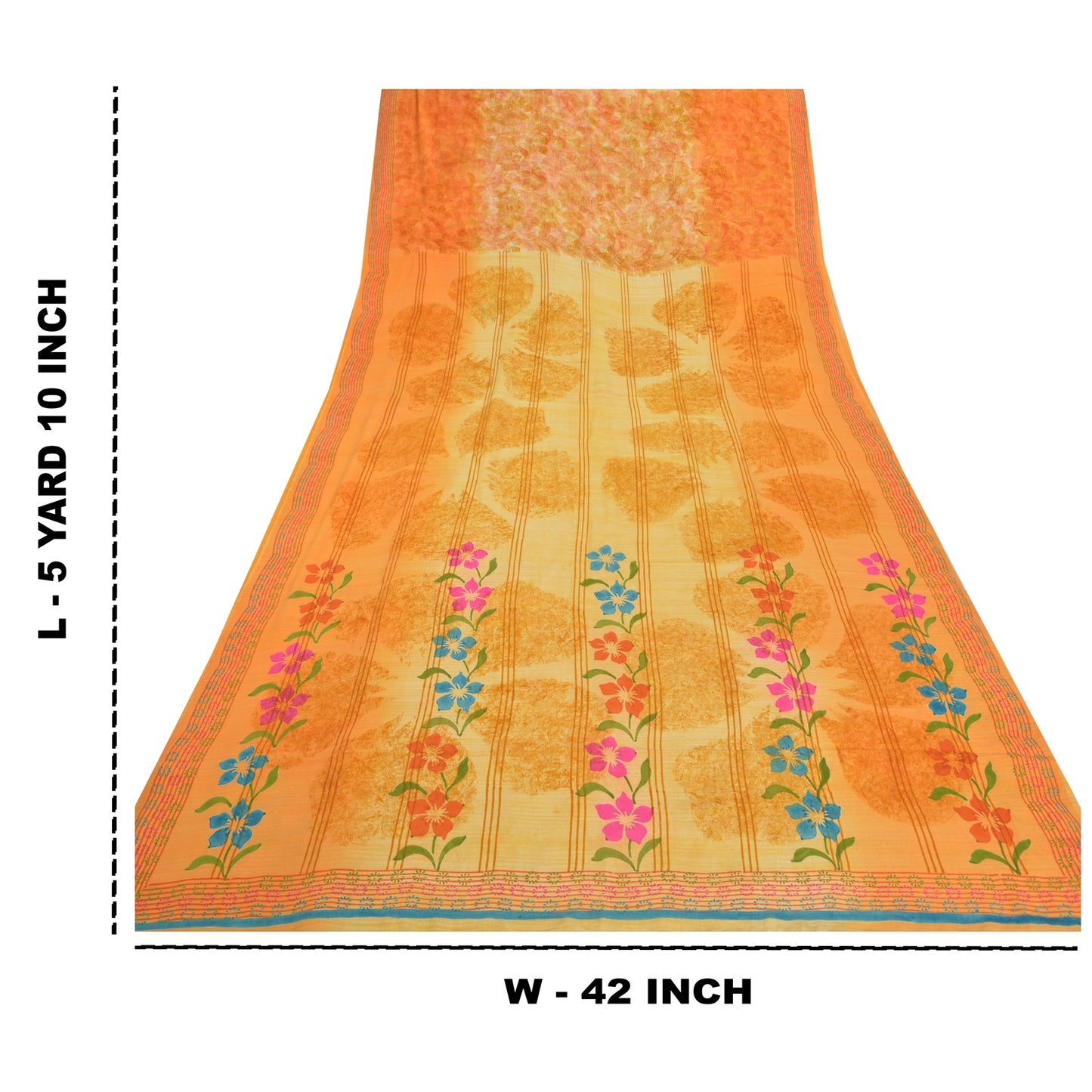 Sanskriti Vintage Saffron Sarees 100%  Pure Crepe Silk Printed Fabric Craft Sari