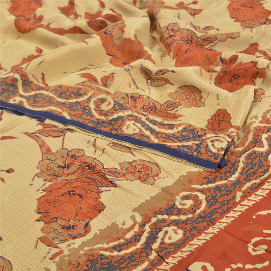 Sanskriti Vintage Cream & Red Sarees Pure Crepe Floral Print 6+YD Sewing Sari
