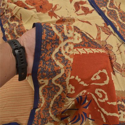 Sanskriti Vintage Cream & Red Sarees Pure Crepe Floral Print 6+YD Sewing Sari