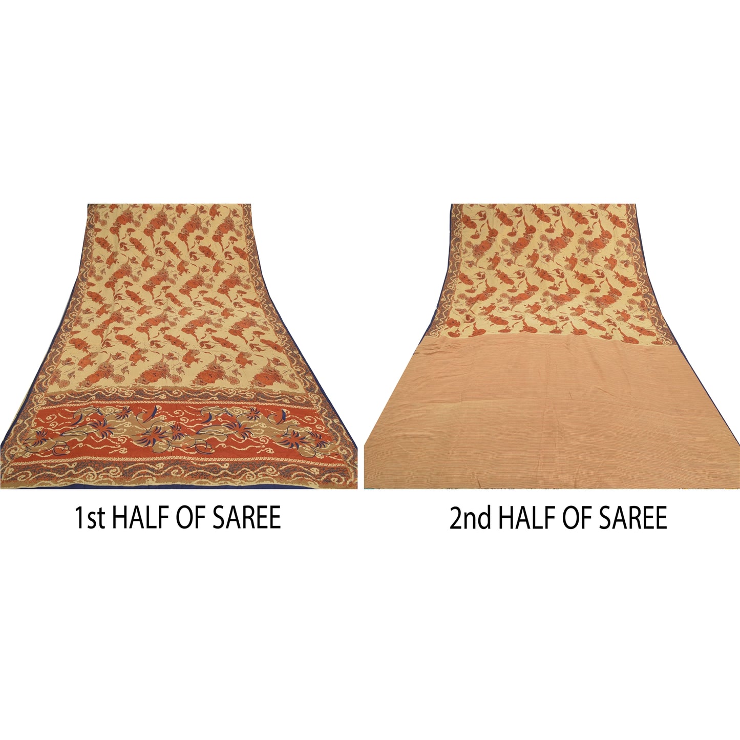 Sanskriti Vintage Cream & Red Sarees Pure Crepe Floral Print 6+YD Sewing Sari