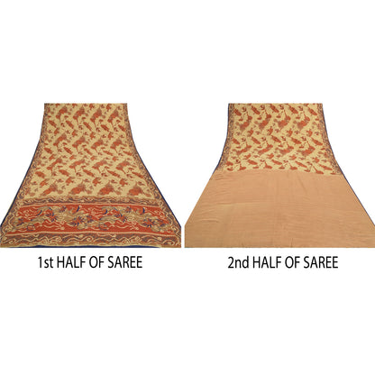 Sanskriti Vintage Cream & Red Sarees Pure Crepe Floral Print 6+YD Sewing Sari