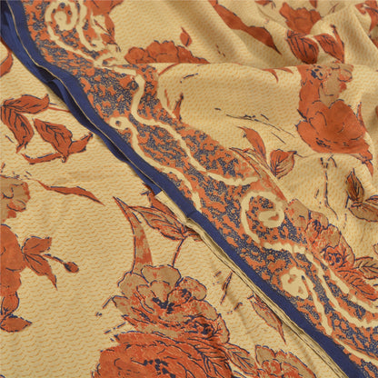 Sanskriti Vintage Cream & Red Sarees Pure Crepe Floral Print 6+YD Sewing Sari