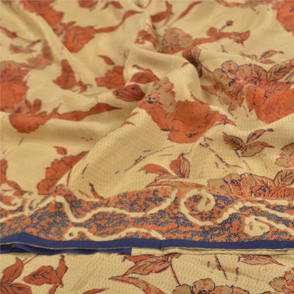 Sanskriti Vintage Cream & Red Sarees Pure Crepe Floral Print 6+YD Sewing Sari