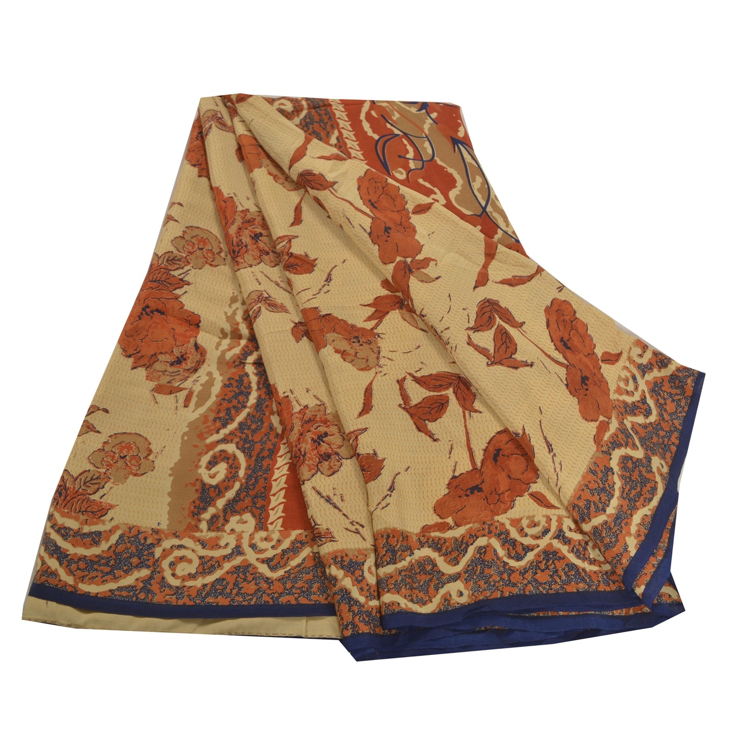 Sanskriti Vintage Cream & Red Sarees Pure Crepe Floral Print 6+YD Sewing Sari