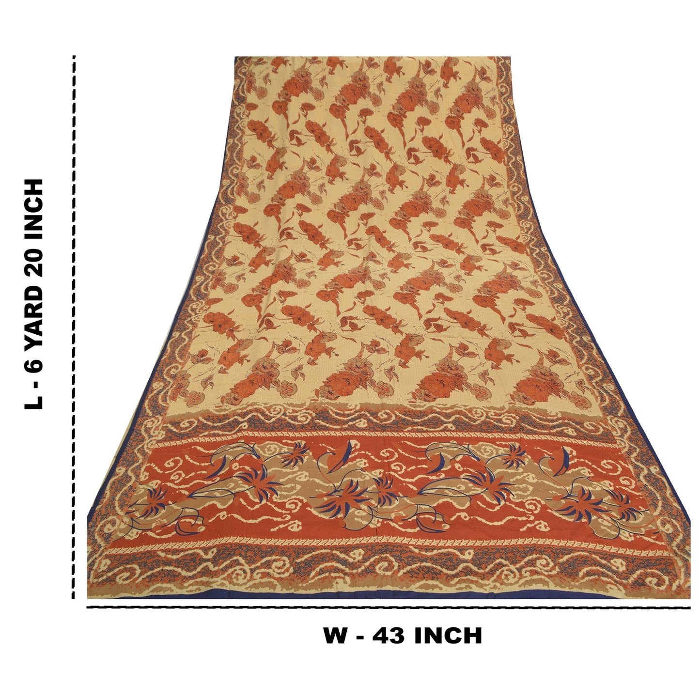 Sanskriti Vintage Cream & Red Sarees Pure Crepe Floral Print 6+YD Sewing Sari